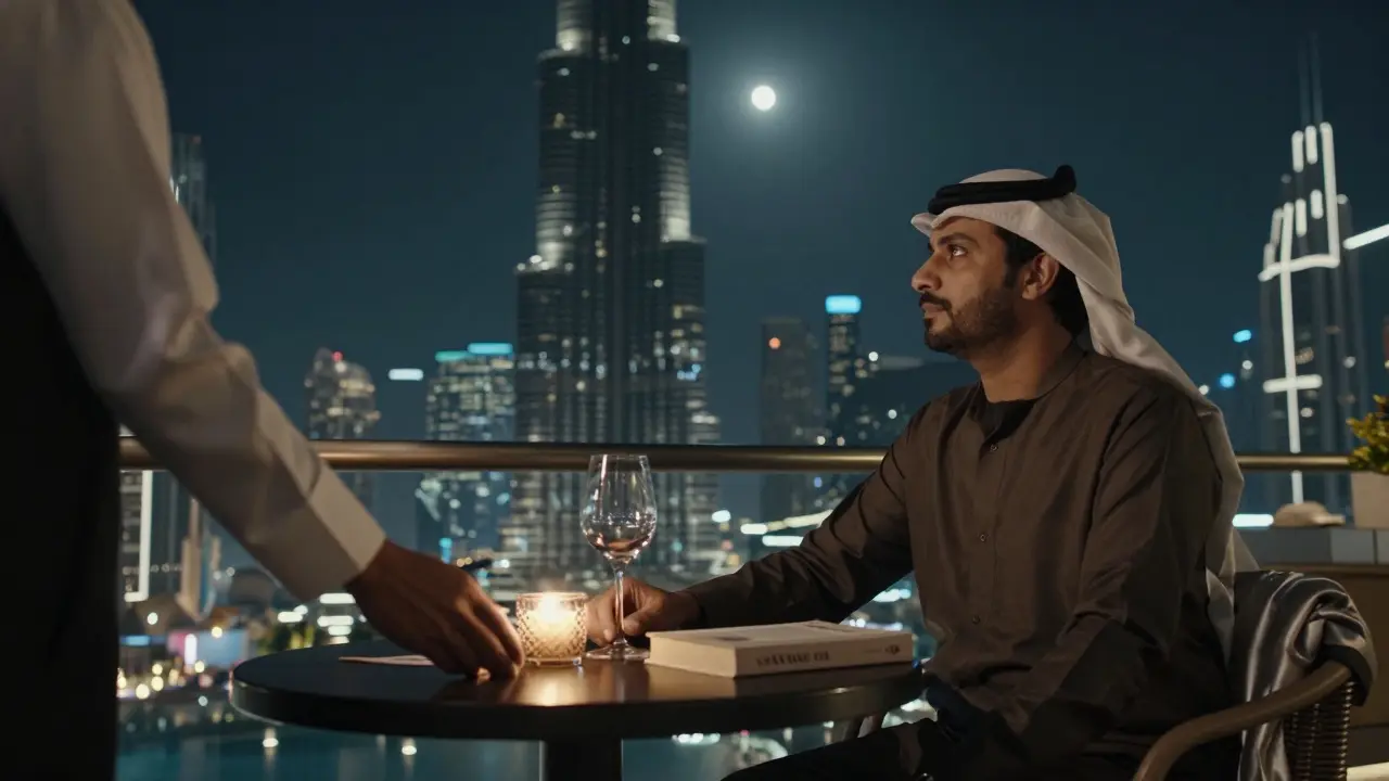 A thoughtful client leaving a thoughtful gift on a rooftop table with the Burj Khalifa in the background.