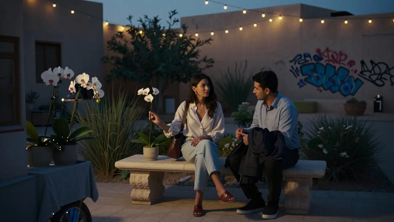 A woman holding a white orchid on a garden terrace at twilight, man offering his jacket.