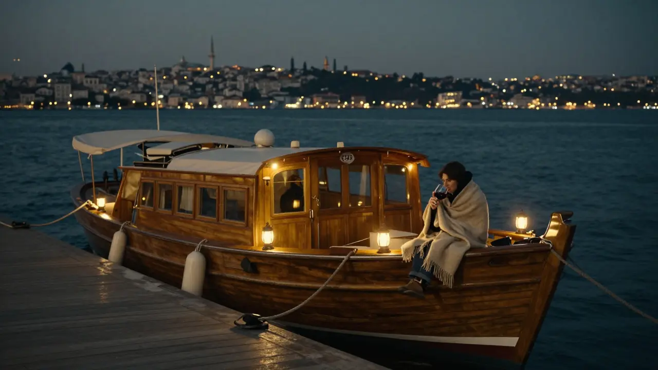 A wooden yacht on the Bosphorus at night, lit by lanterns, with calm water and distant city lights.