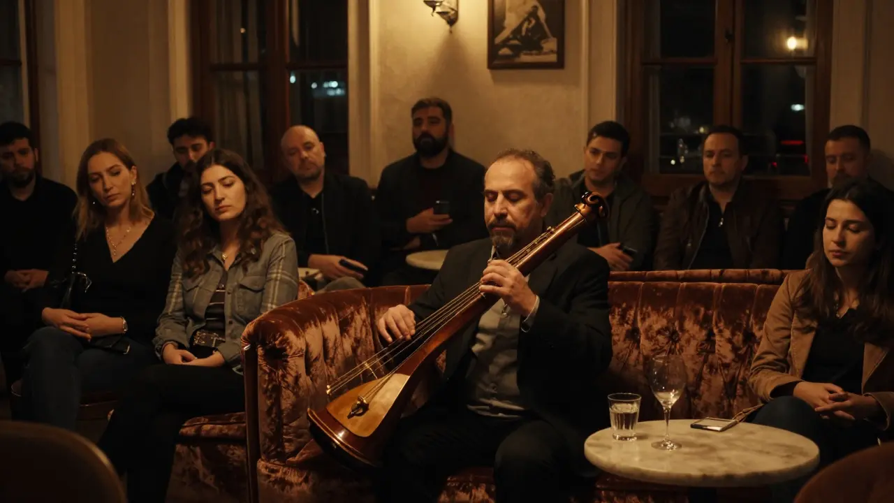 An intimate jazz club with a ney player performing in dim light, audience lost in silent reverence.