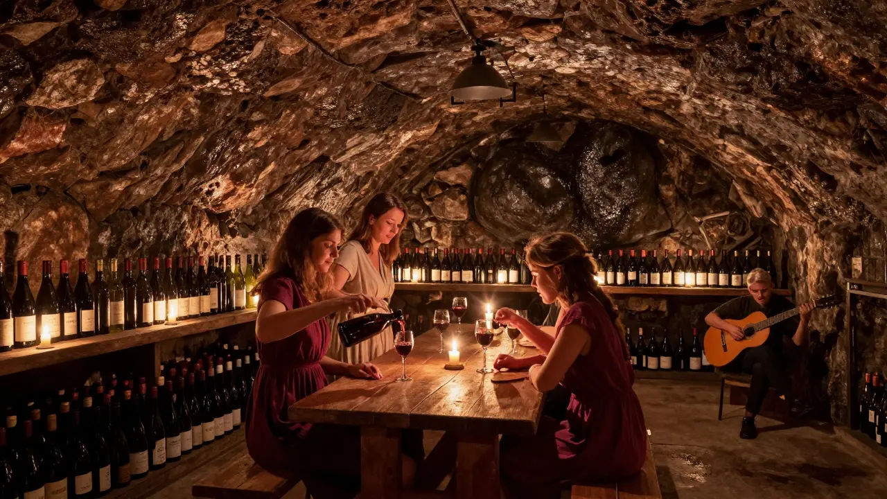 An intimate underground wine cellar with candlelight, stone walls, and patrons sharing quiet conversation.