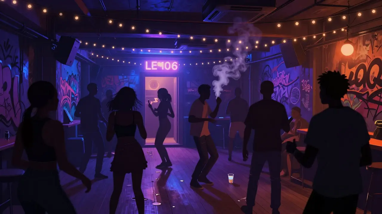 Crowd dancing in a dim underground club with string lights and vibrant graffiti walls.