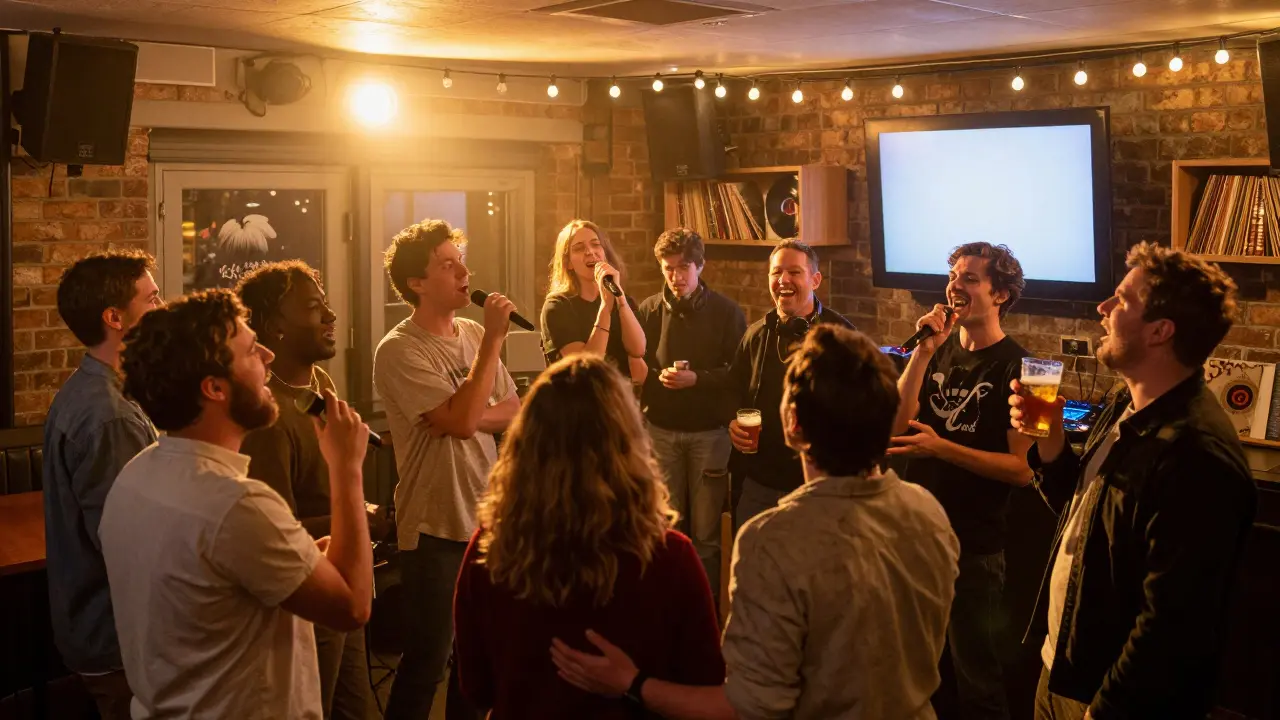 Crowd singing together in a cozy, string-lit karaoke space with DJ booth and craft beers on the table.