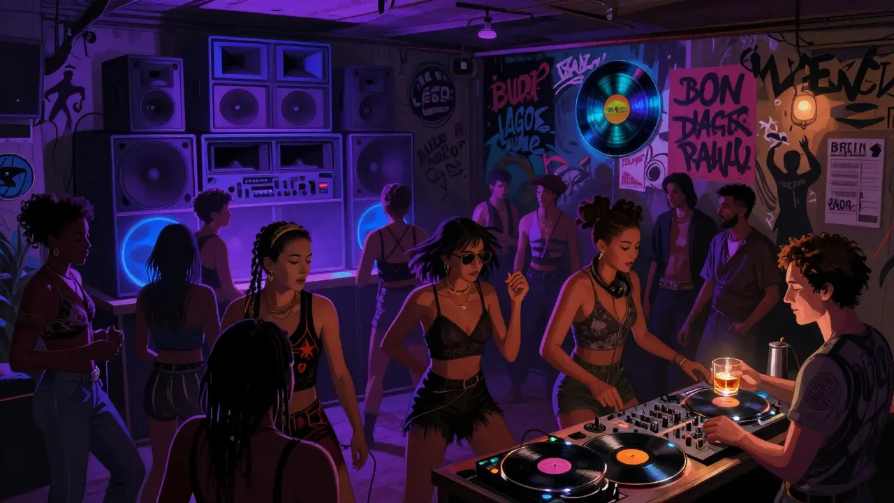 Dancers at Badlands club in Shoreditch under glowing sound system, protest art on walls, underground queer party.