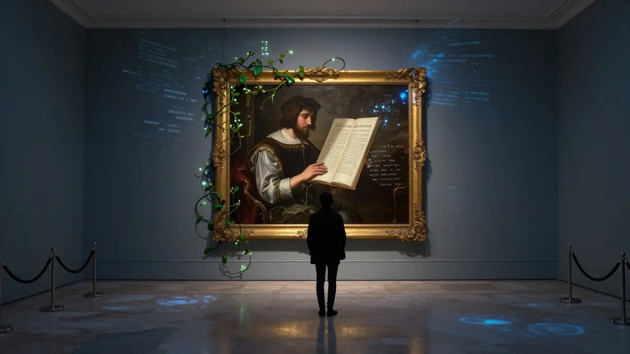 Digital vines growing from a Renaissance painting in a quiet museum gallery at night.