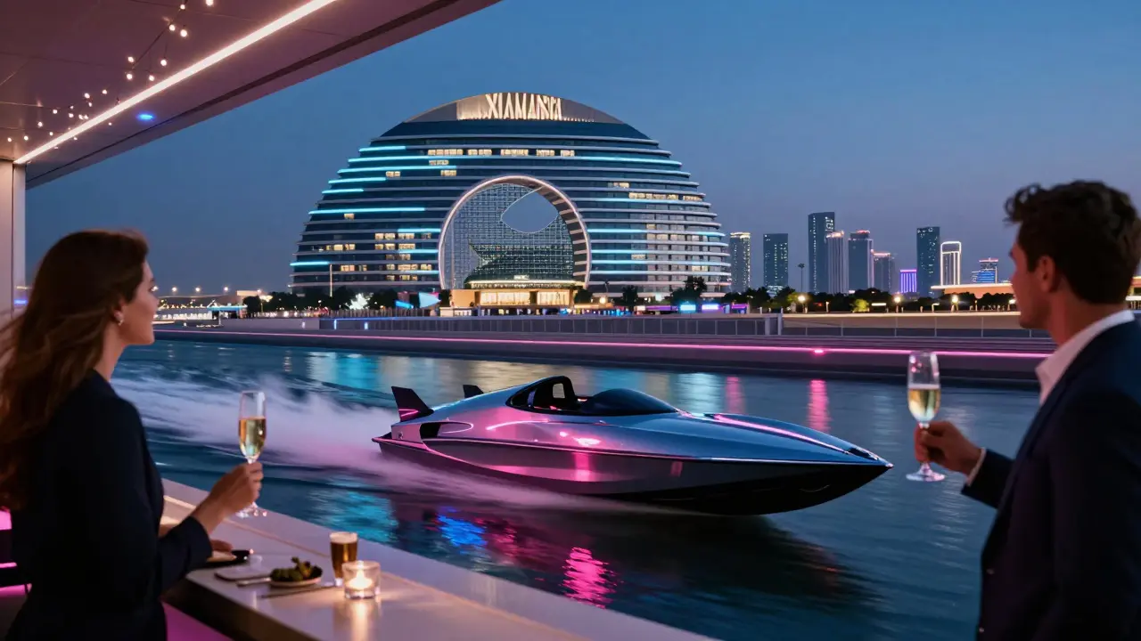Electric boat gliding past Yas Hotel at night with Formula 1 pit lane in the background.