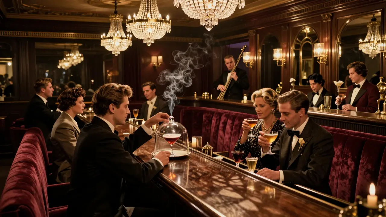 Elegant 1920s-style bar with velvet booths, crystal glasses, and a smoky cocktail being unveiled under a glass cloche, jazz musicians playing softly in the background.