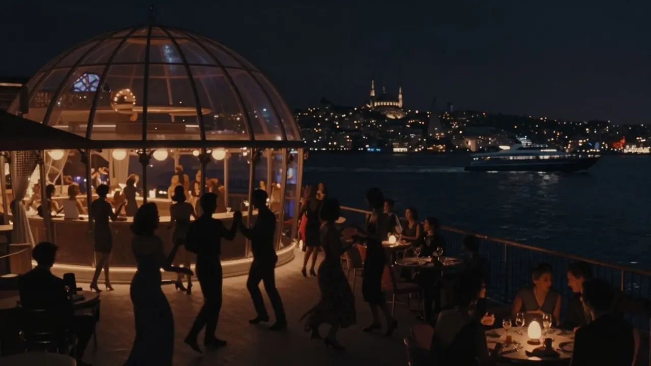 Elegant guests dance under a glass dome at Reina nightclub, waterfront lights reflecting on dark water.