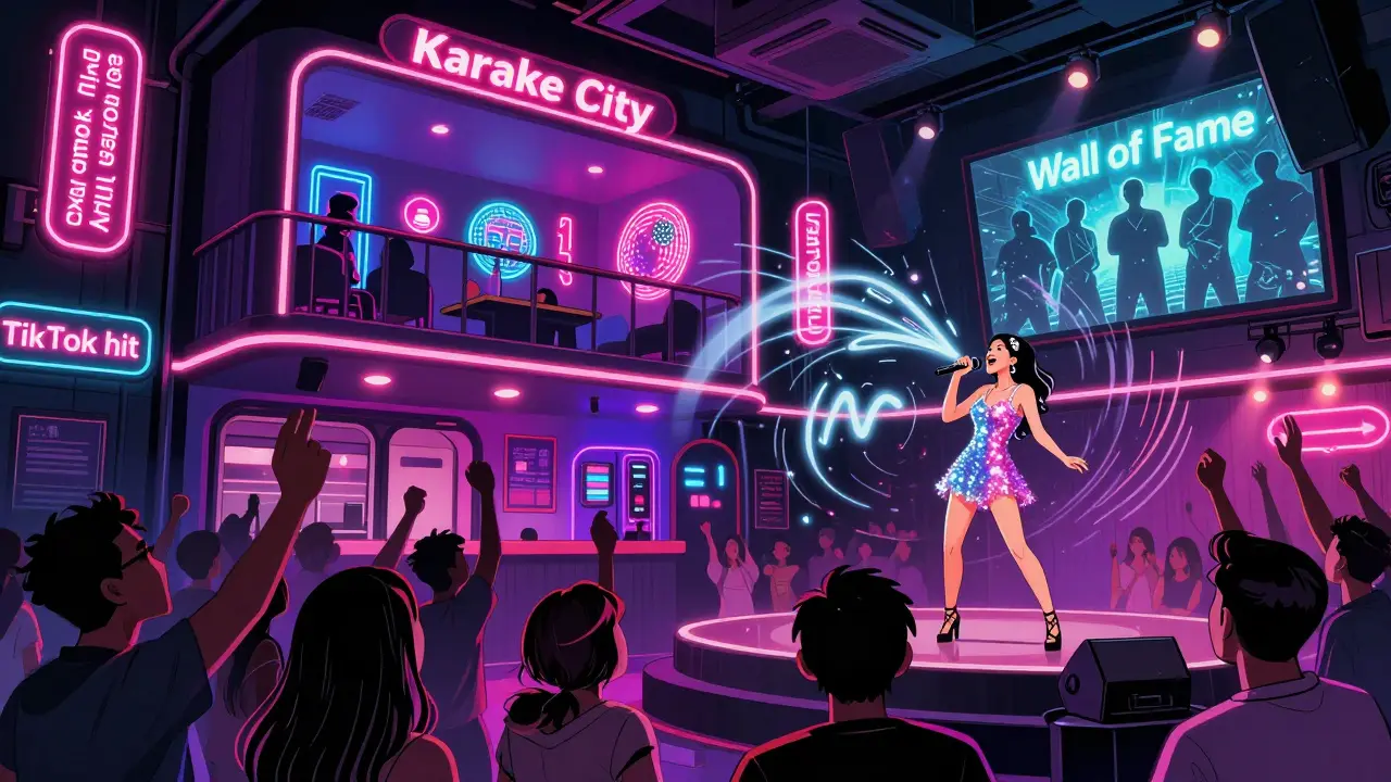 Glitter-clad performer on stage at a vibrant karaoke venue with cheering crowd and glowing Wall of Fame.