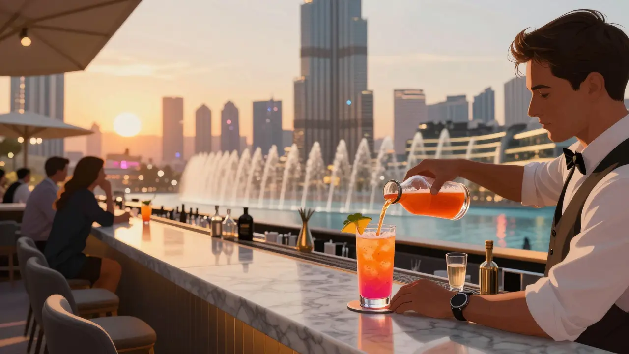 Golden hour at a stylish rooftop bar with the Burj Khalifa fountain in the background and cocktails being served.