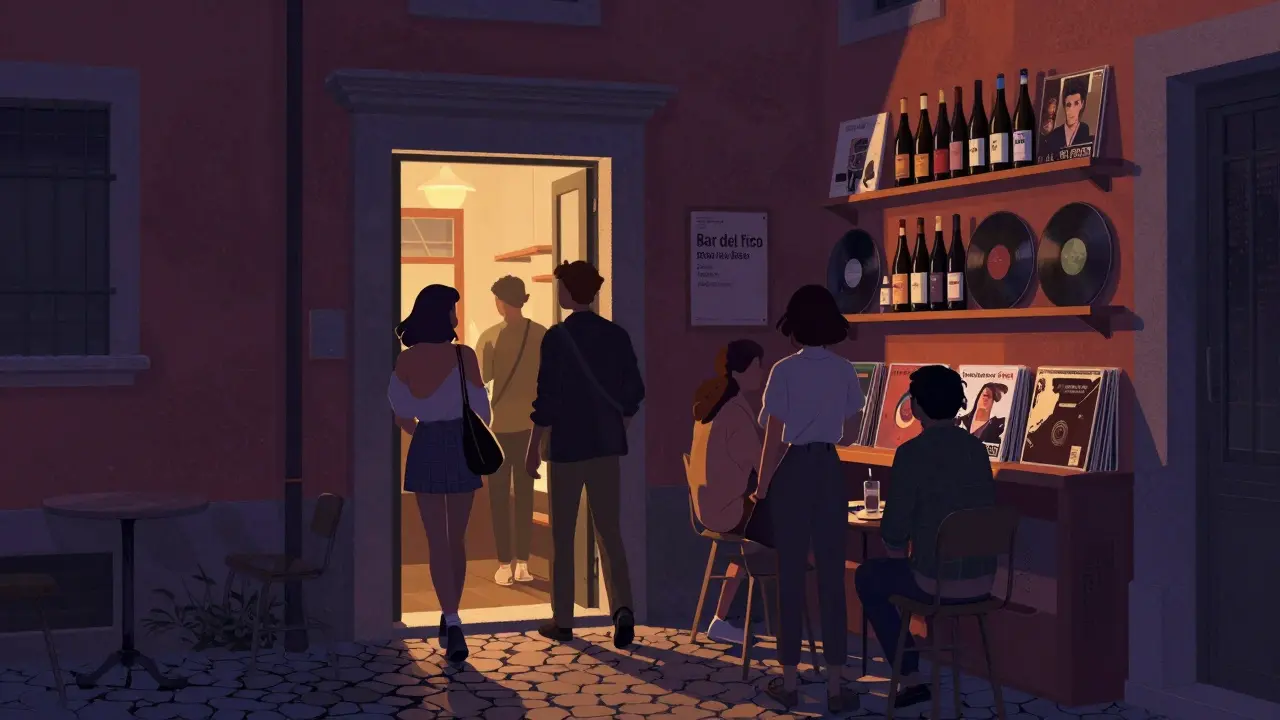 Hidden Bar del Fico in Brera with patrons entering a cozy, dimly lit interior filled with wine bottles.