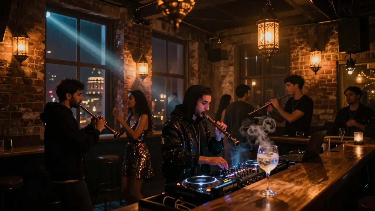 Interior of Kasa nightclub blending techno and Ottoman music, dancers under pulsing lights in a historic warehouse.