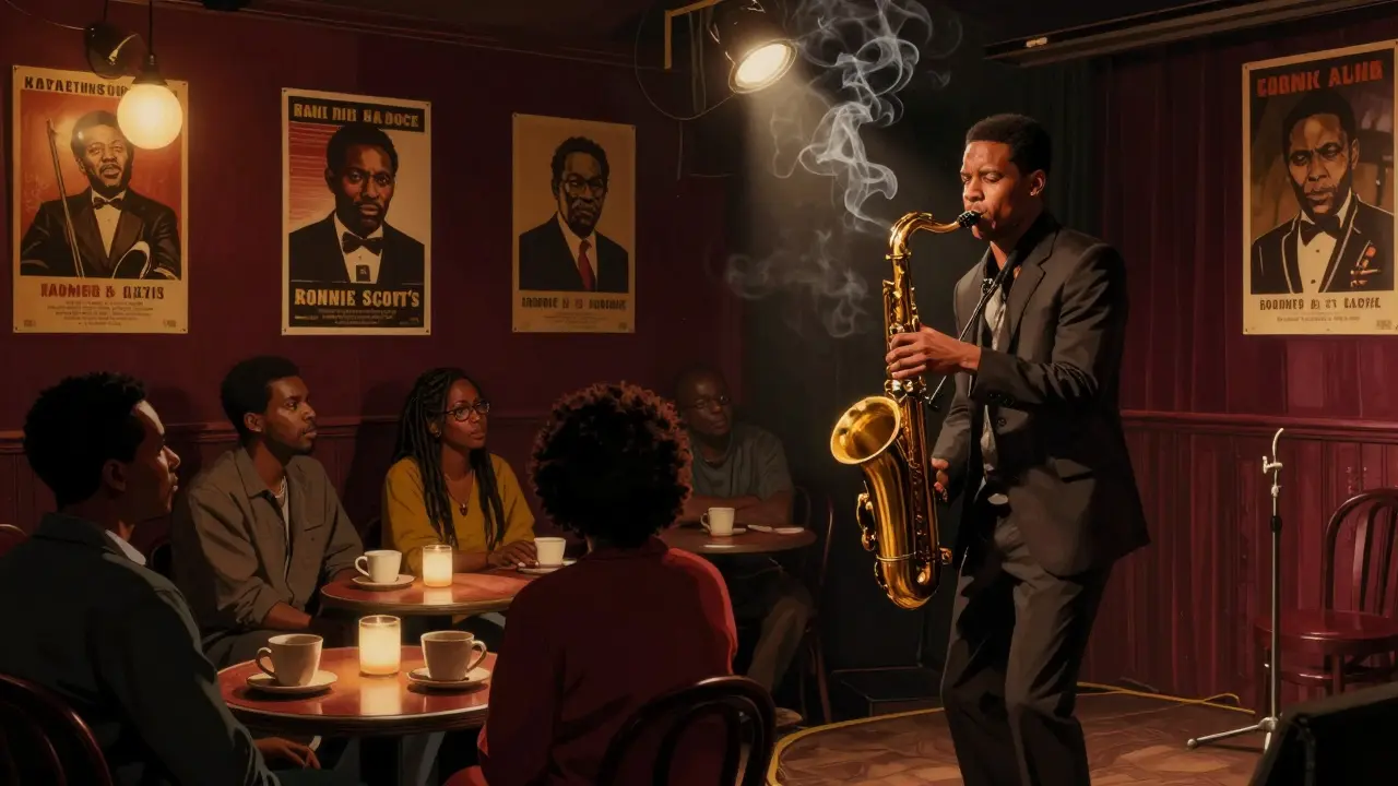 Intimate jazz club interior with saxophonist performing under warm light, attentive local audience.