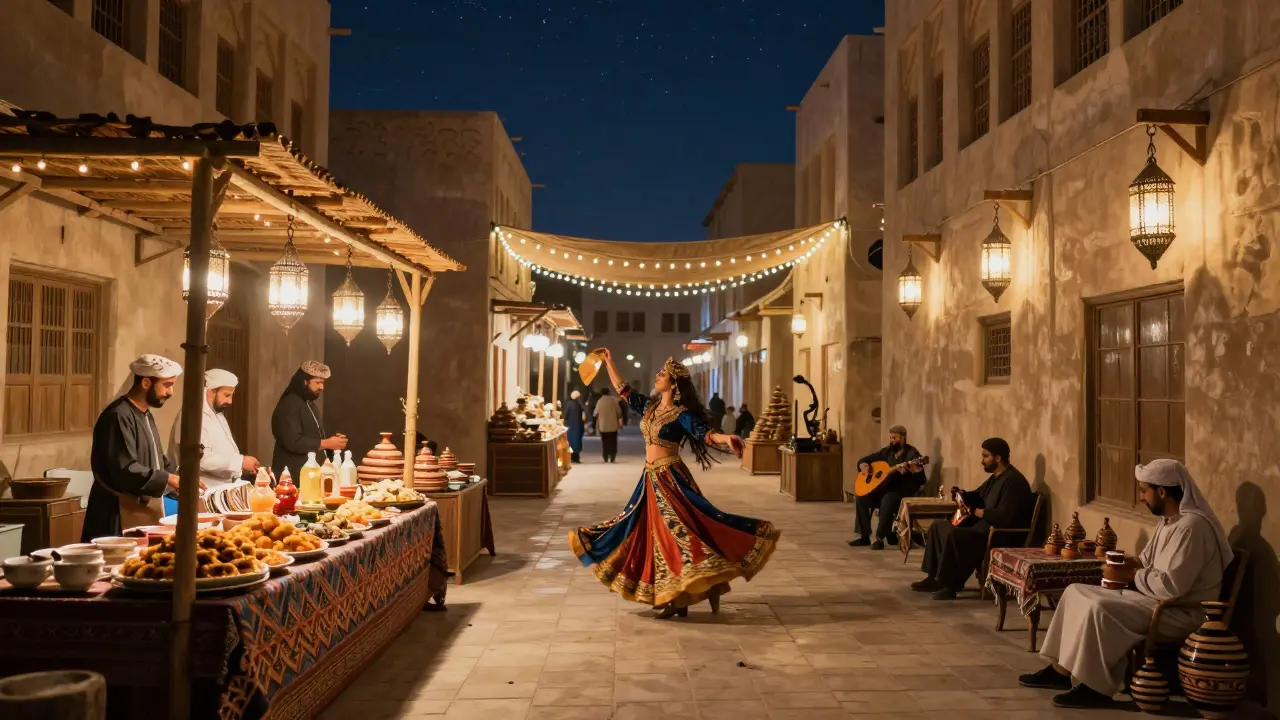 Lantern-lit night market with performers, food stalls, and handmade crafts under the stars.