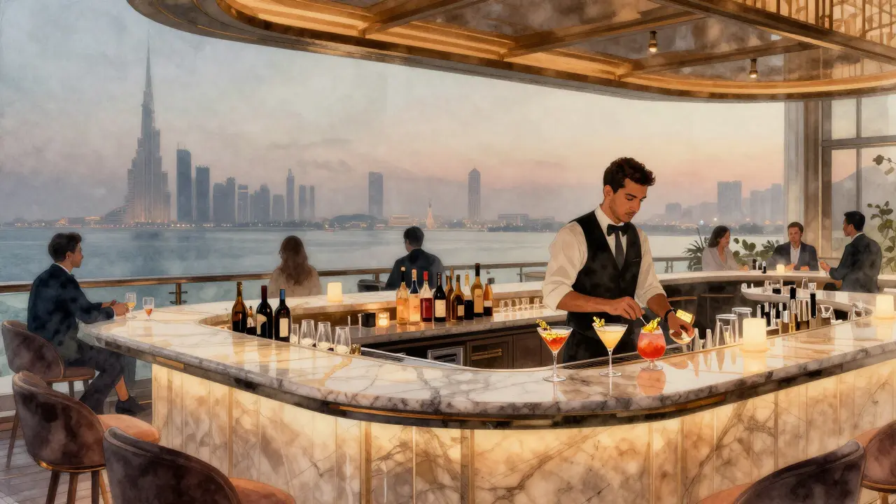 Luxurious high-rise bar with panoramic views of Abu Dhabi’s skyline and golden-hued cocktails.
