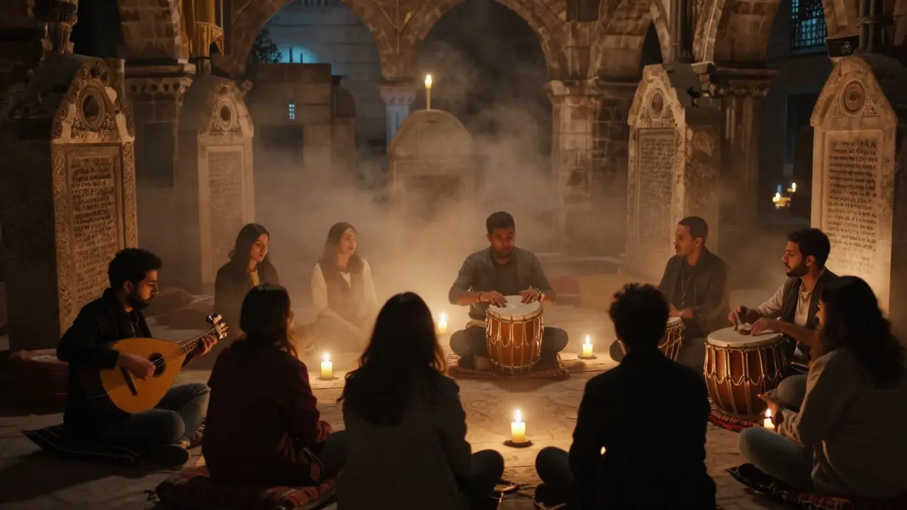 Quiet basement bar beneath tombstones, musicians playing traditional instruments by candlelight in solemn silence.