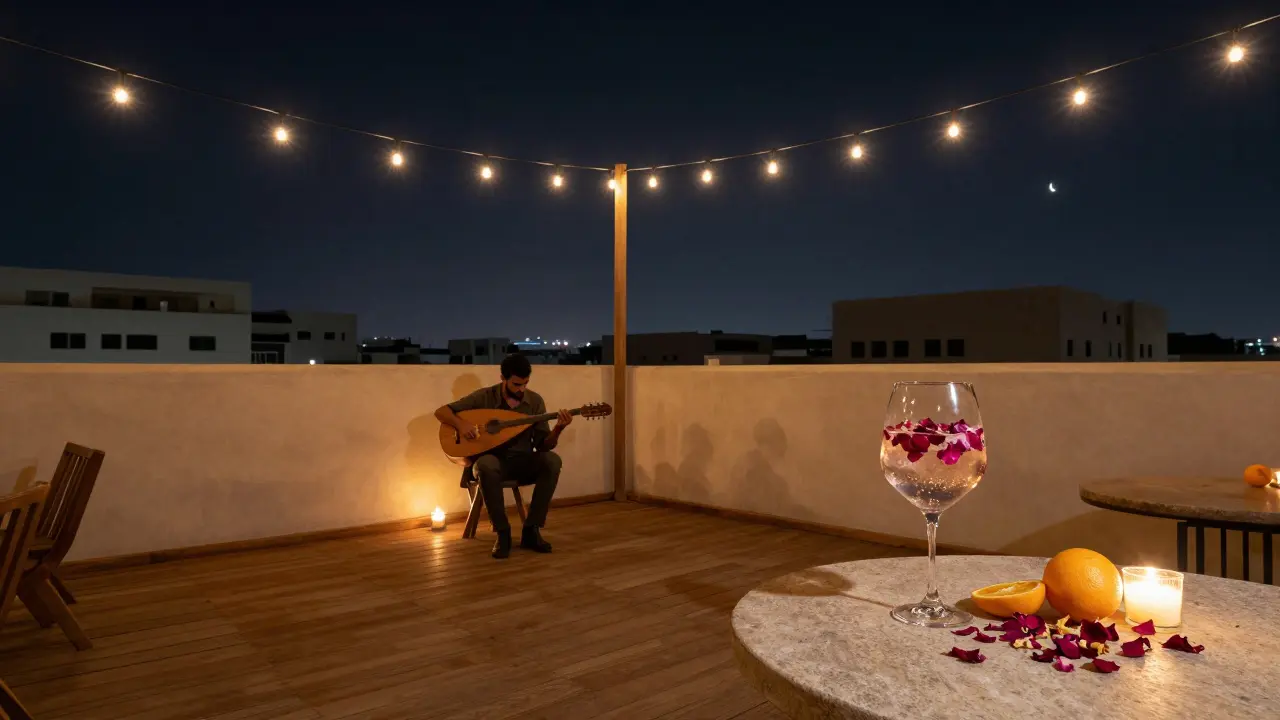 Quiet rooftop café with string lights, an oud player, and a rose petal cocktail under a soft moonlit sky.