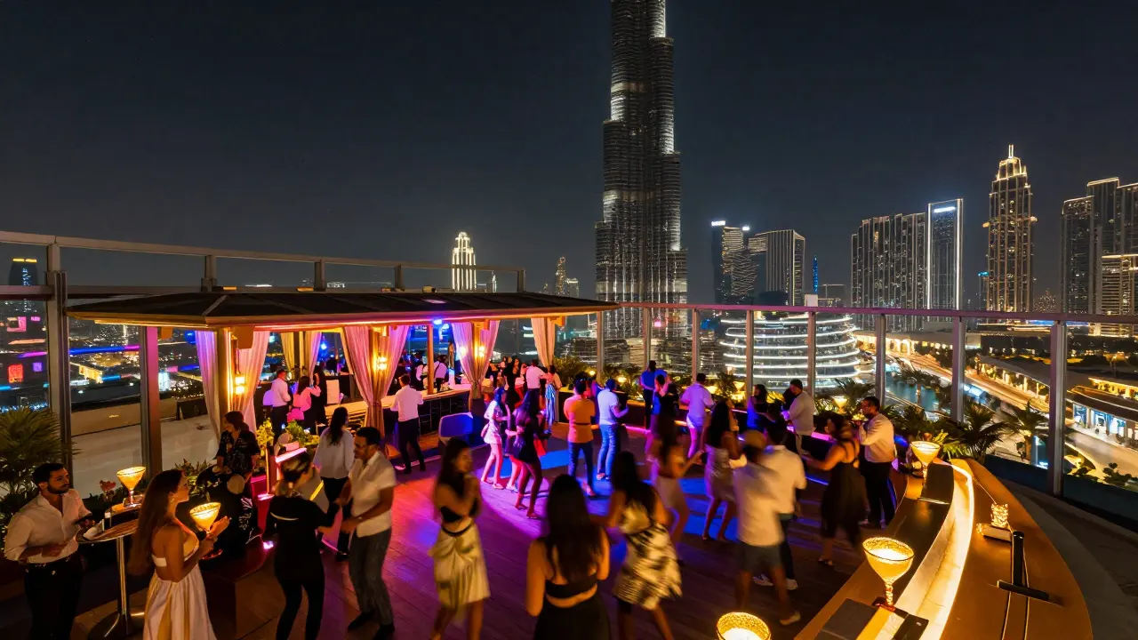 Rooftop dance party high above Dubai with Burj Khalifa glowing in the night skyline.