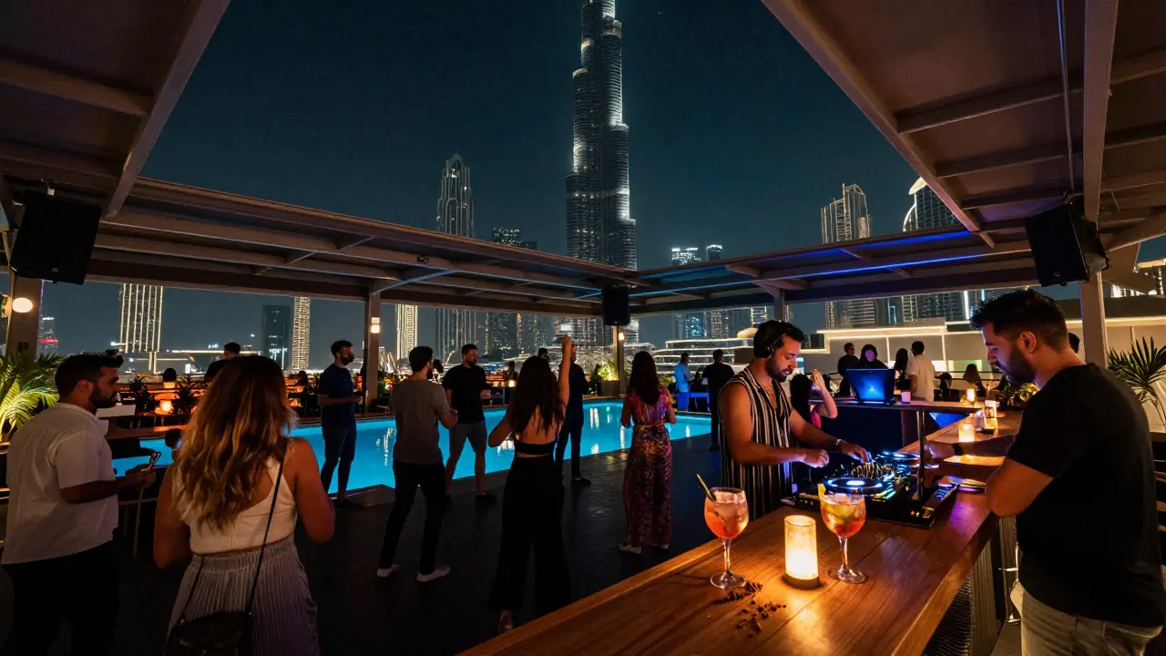 Rooftop Level 43 club in Dubai with starry sky, dancing crowd, and Burj Khalifa in the distance.