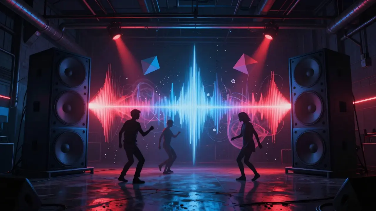 Silhouetted dancers in a dark nightclub, sound waves rippling through the air as strobe lights flash, abstract bass frequencies swirling around them.