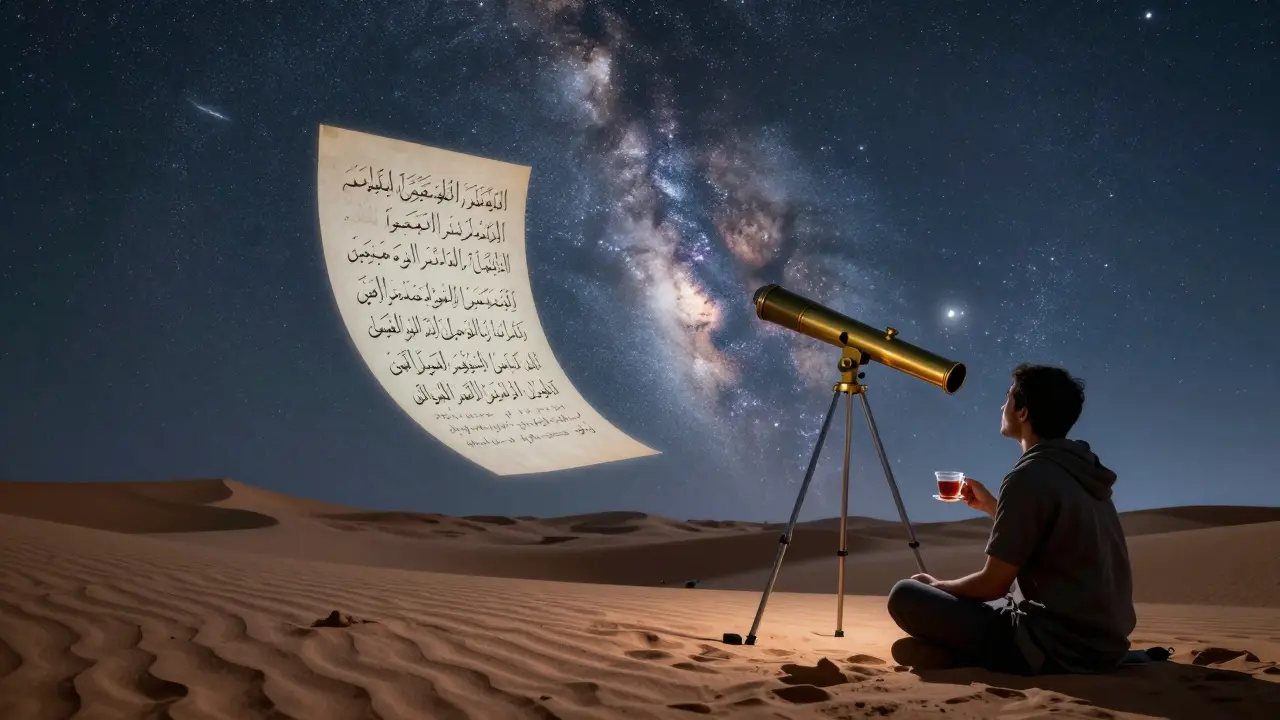 Stargazing in the desert with a telescope and floating handwritten poem under the Milky Way.