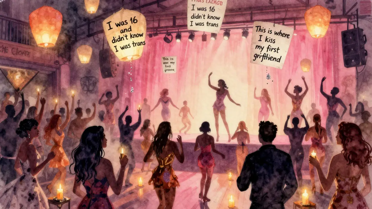 The Glory during Trans Night, candlelit dance party with floating handwritten notes of personal stories.