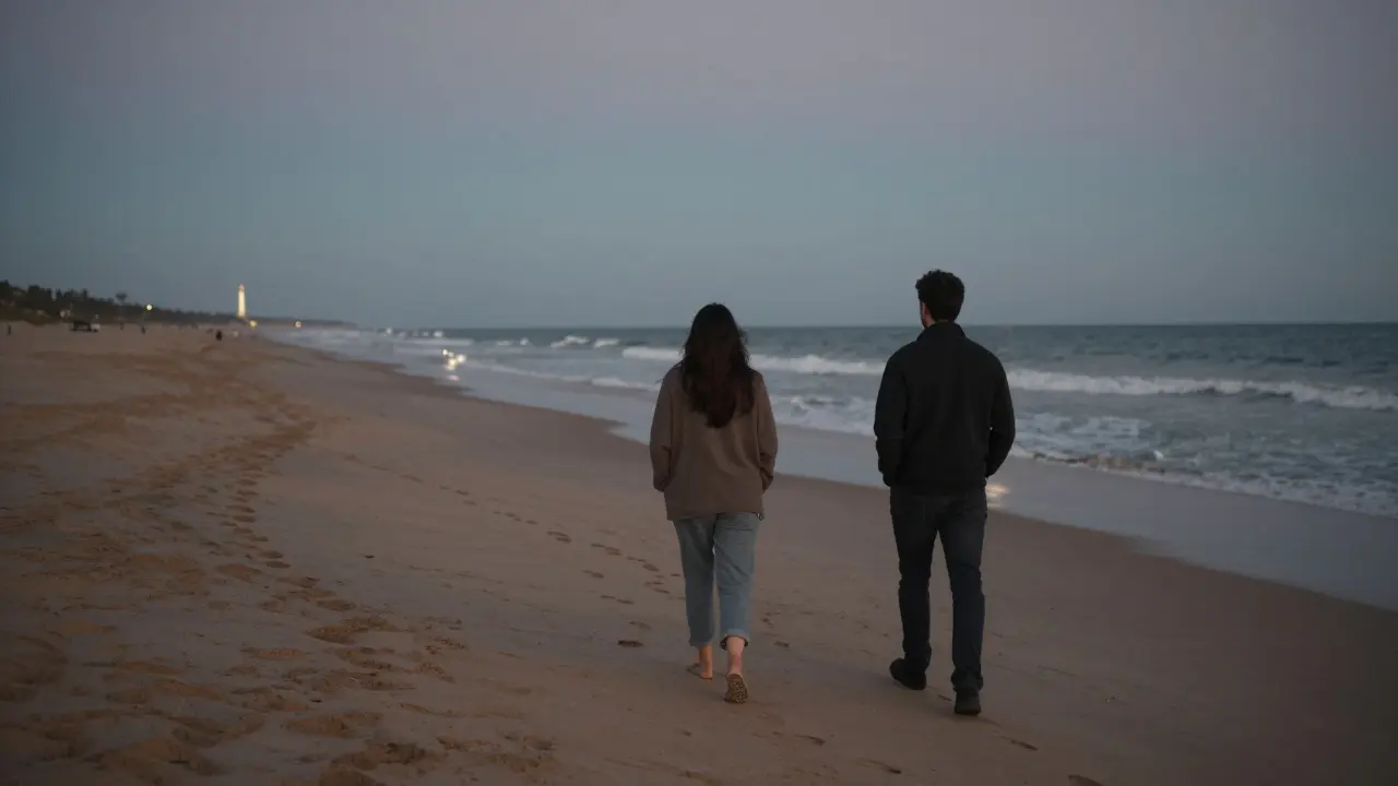Two figures walking in silence along a beach at sunset, footprints in the sand.