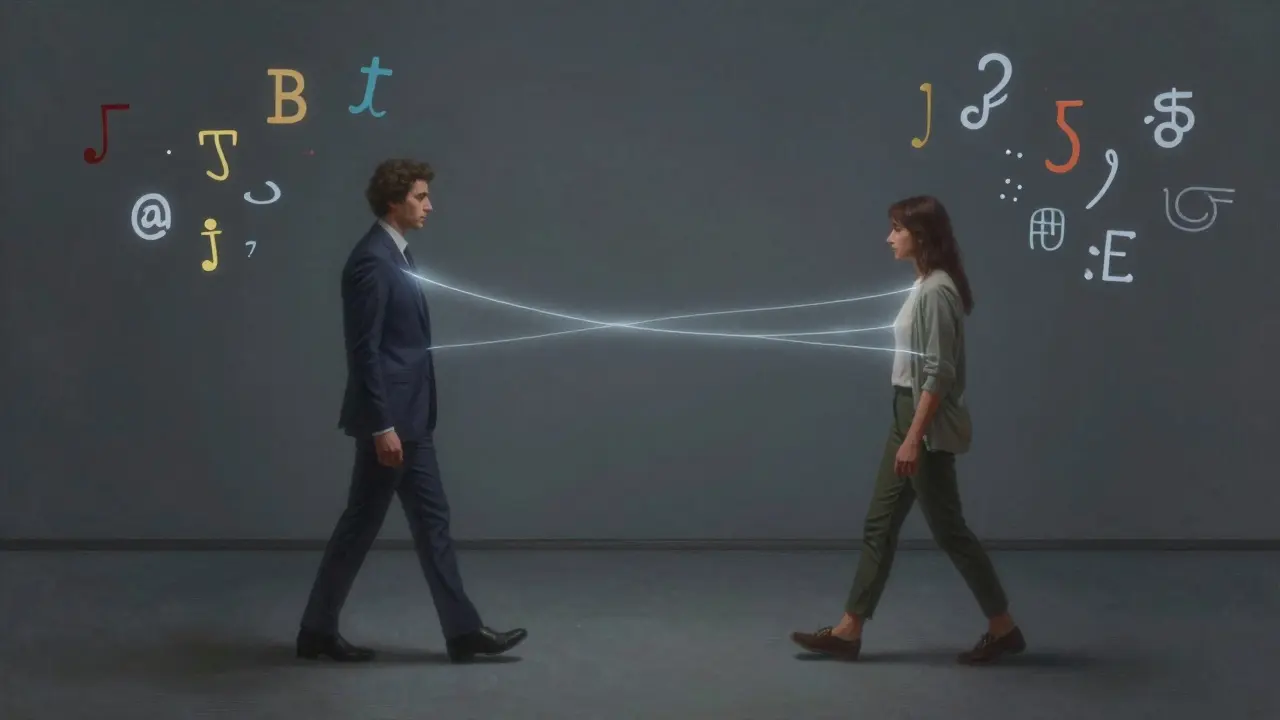 Two figures walking through a Bauhaus Archive connected by a glowing thread symbolizing trust and connection.