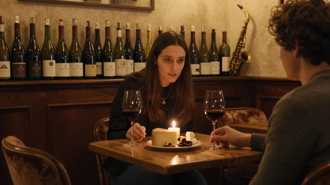 Two people enjoy wine and cheese at a cozy Le Marais bar, candlelight illuminating their quiet moment together.