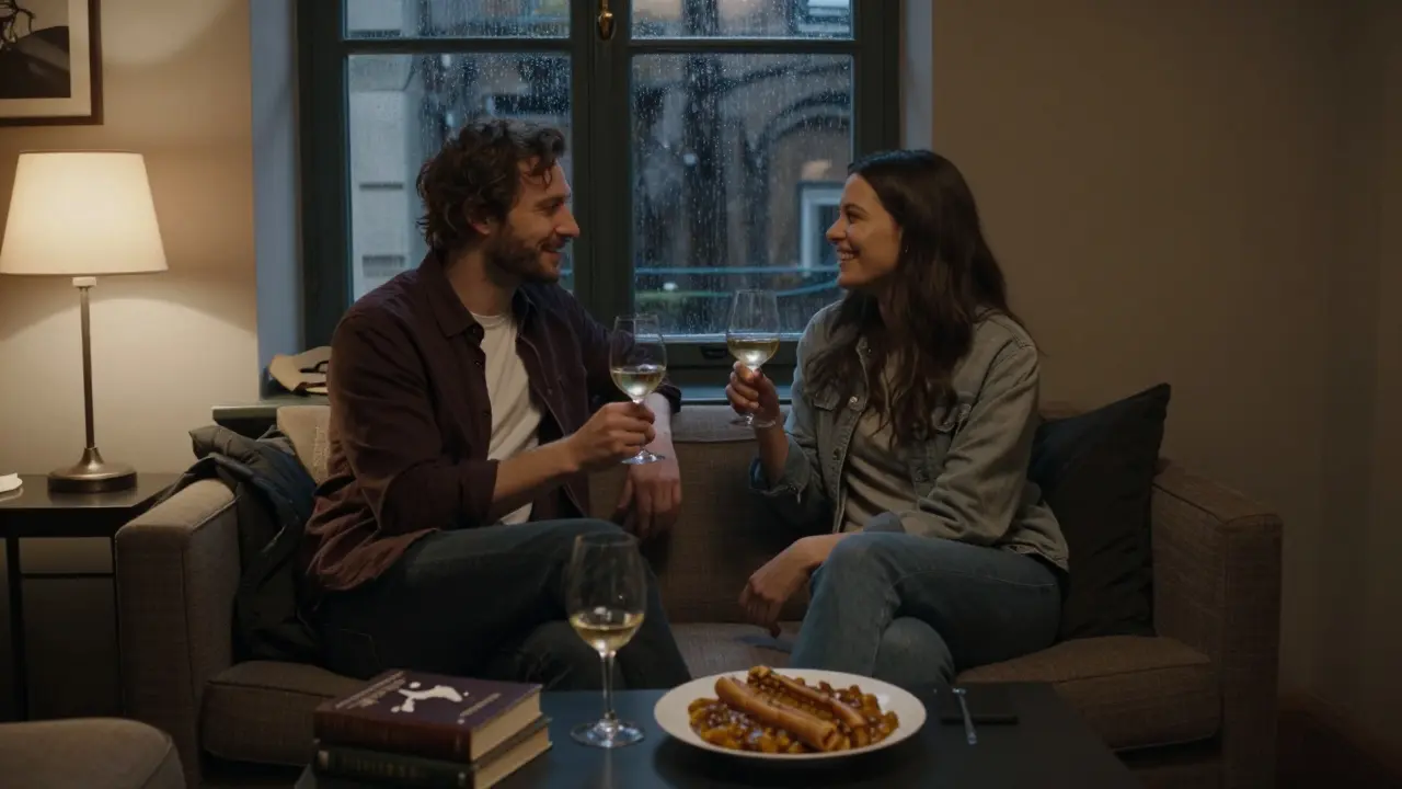 Two people share wine and laughter in a cozy Berlin hotel room at night.