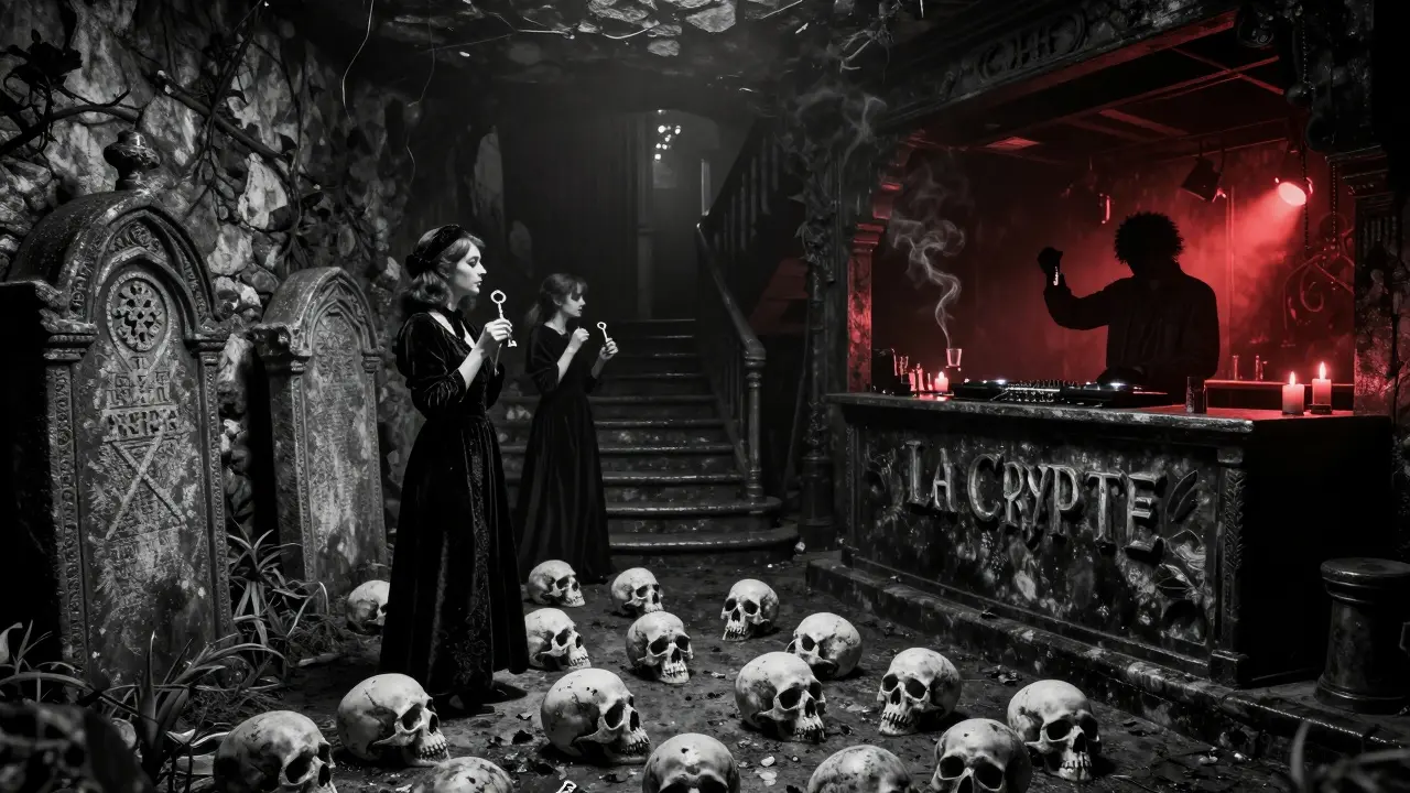 Underground club with tombstone walls and skull dance floor, patrons holding old keys in dim red glow.