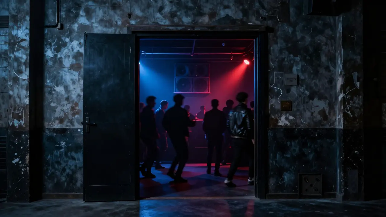 Underground La Scala club with silhouettes dancing under pulsing lights in a dark industrial space.
