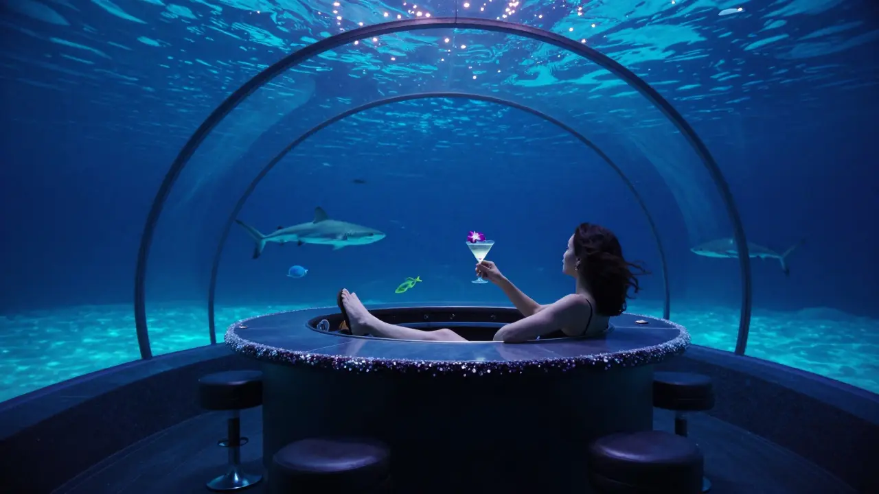 Underwater lounge with fish swimming past guests drinking cocktails in a glowing glass tunnel.