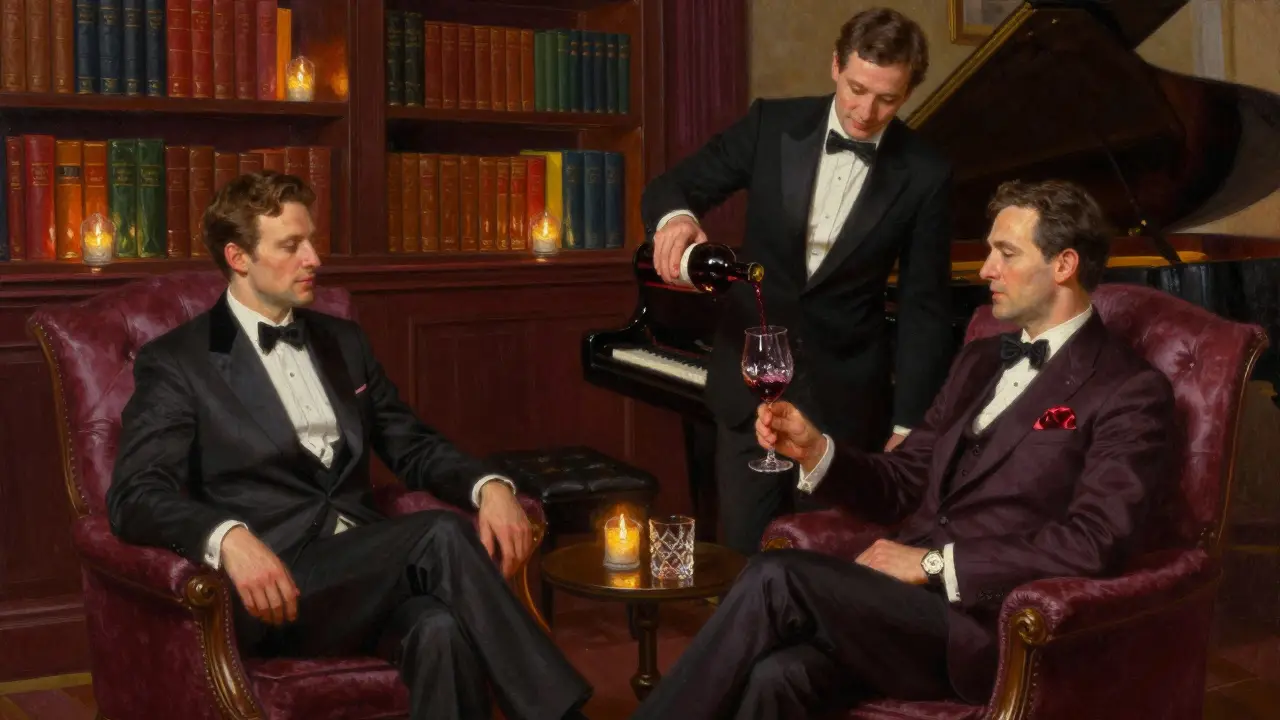 A couple enjoys quiet drinks in a refined, book-lined lounge with candlelight and a piano in the background.