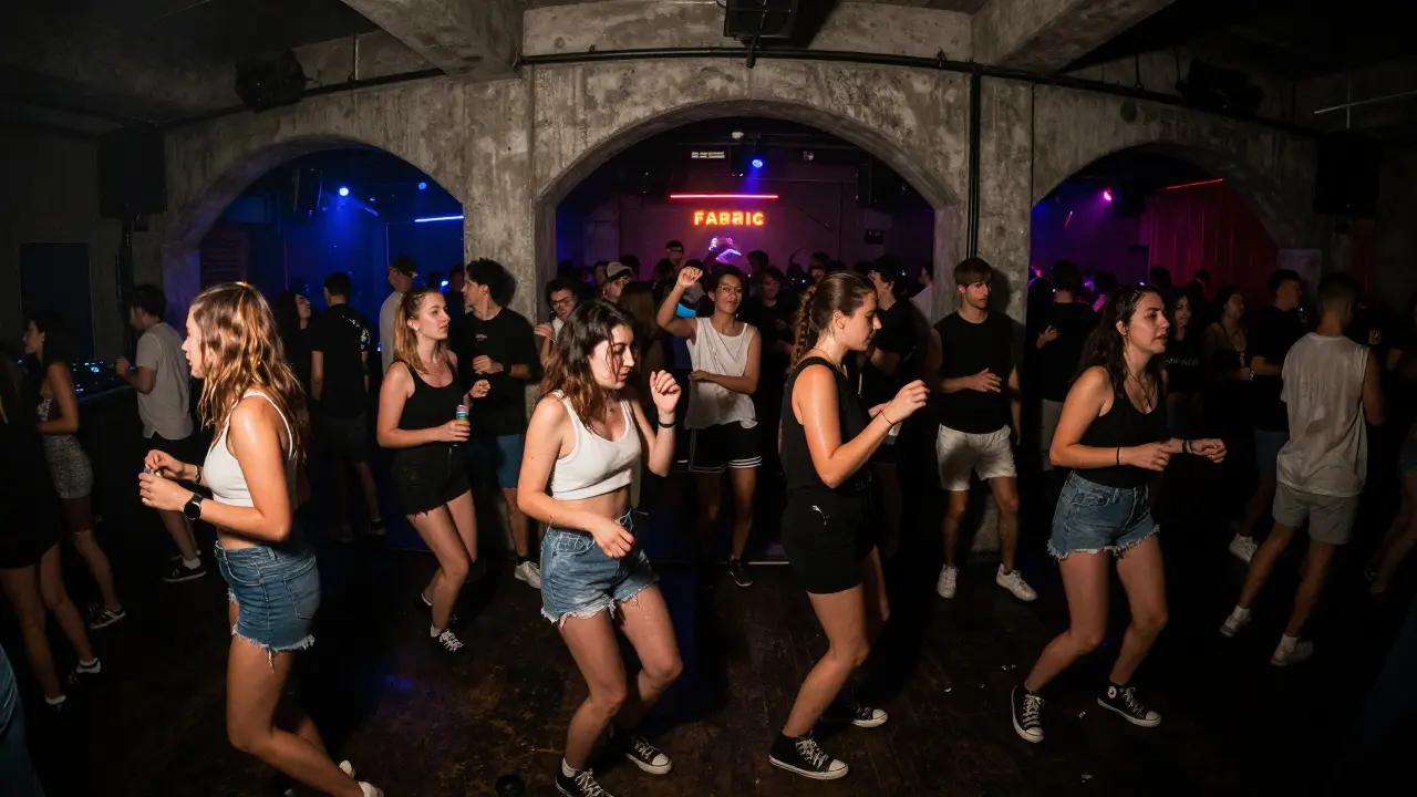 A crowded underground nightclub with dancers lost in music under pulsing lights.