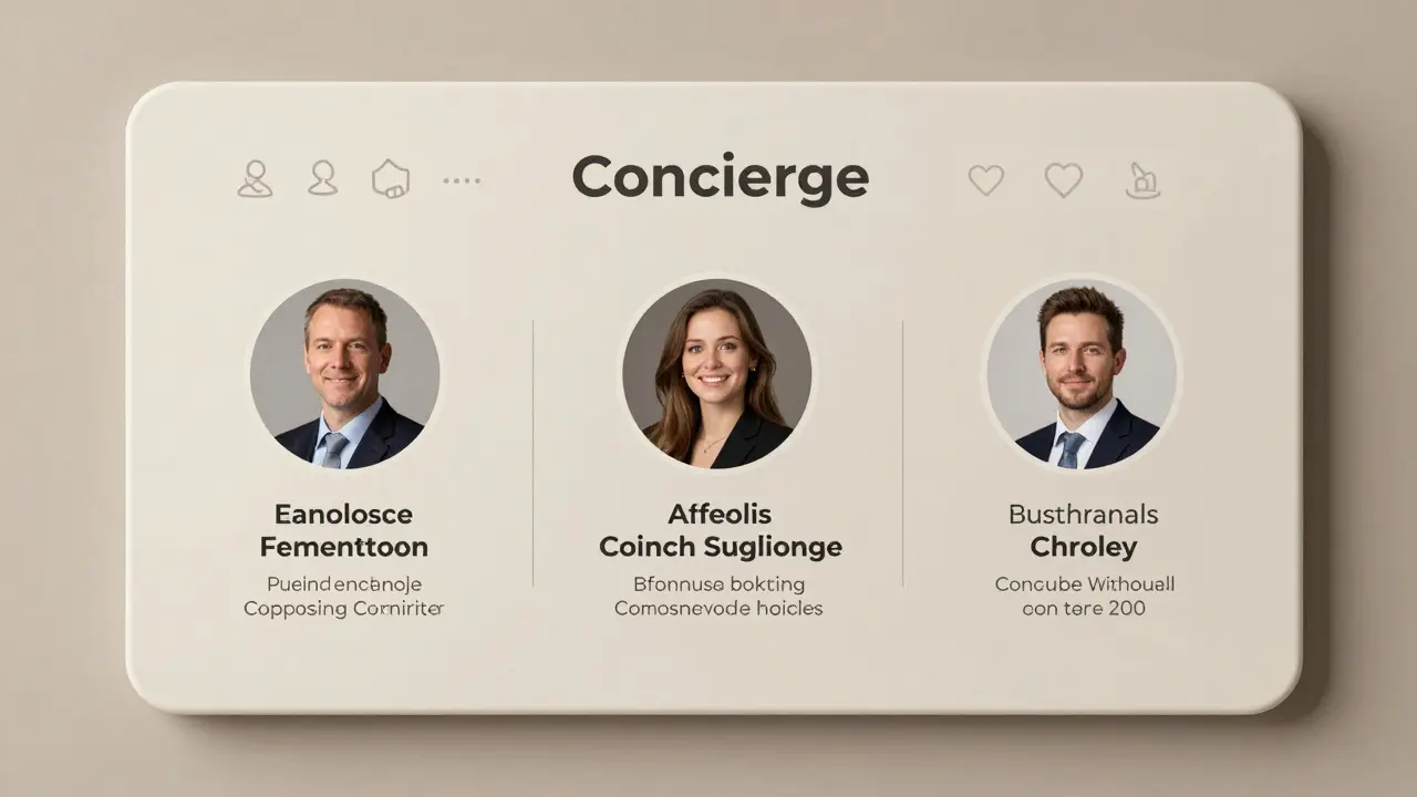 A discreet profile board showing verified companion credentials with icons for language skills, corporate background, and cultural interests.