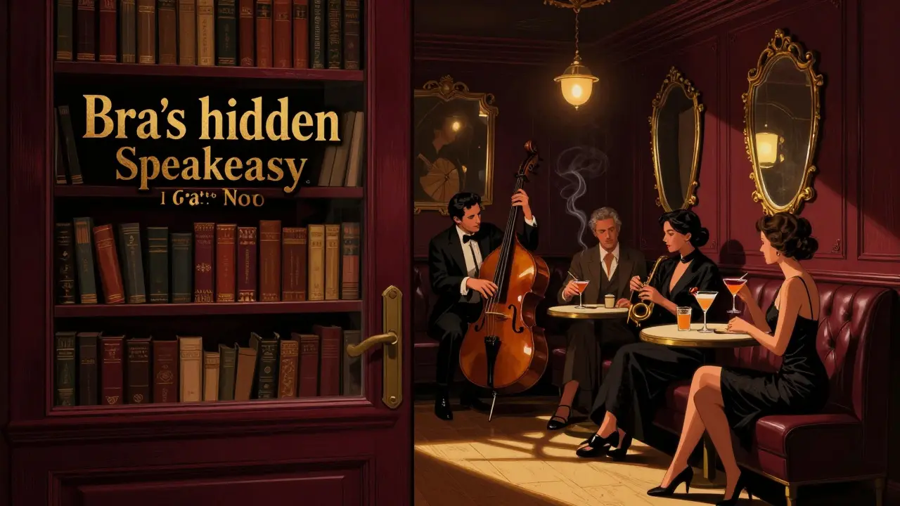 A hidden speakeasy bar in Brera with jazz music, dim lighting, and patrons sipping cocktails behind a bookshelf door.