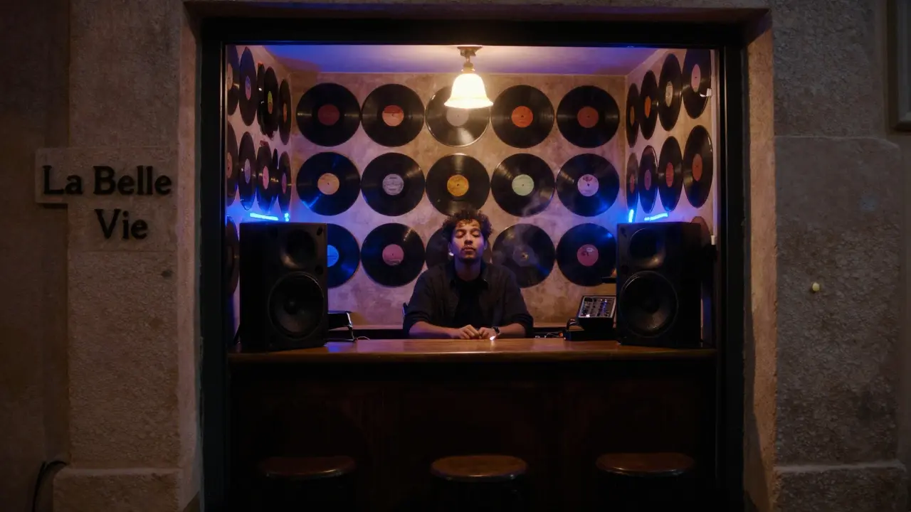 A hidden speakeasy with vinyl-lined walls where a lone person listens intently to live music in soft blue light.