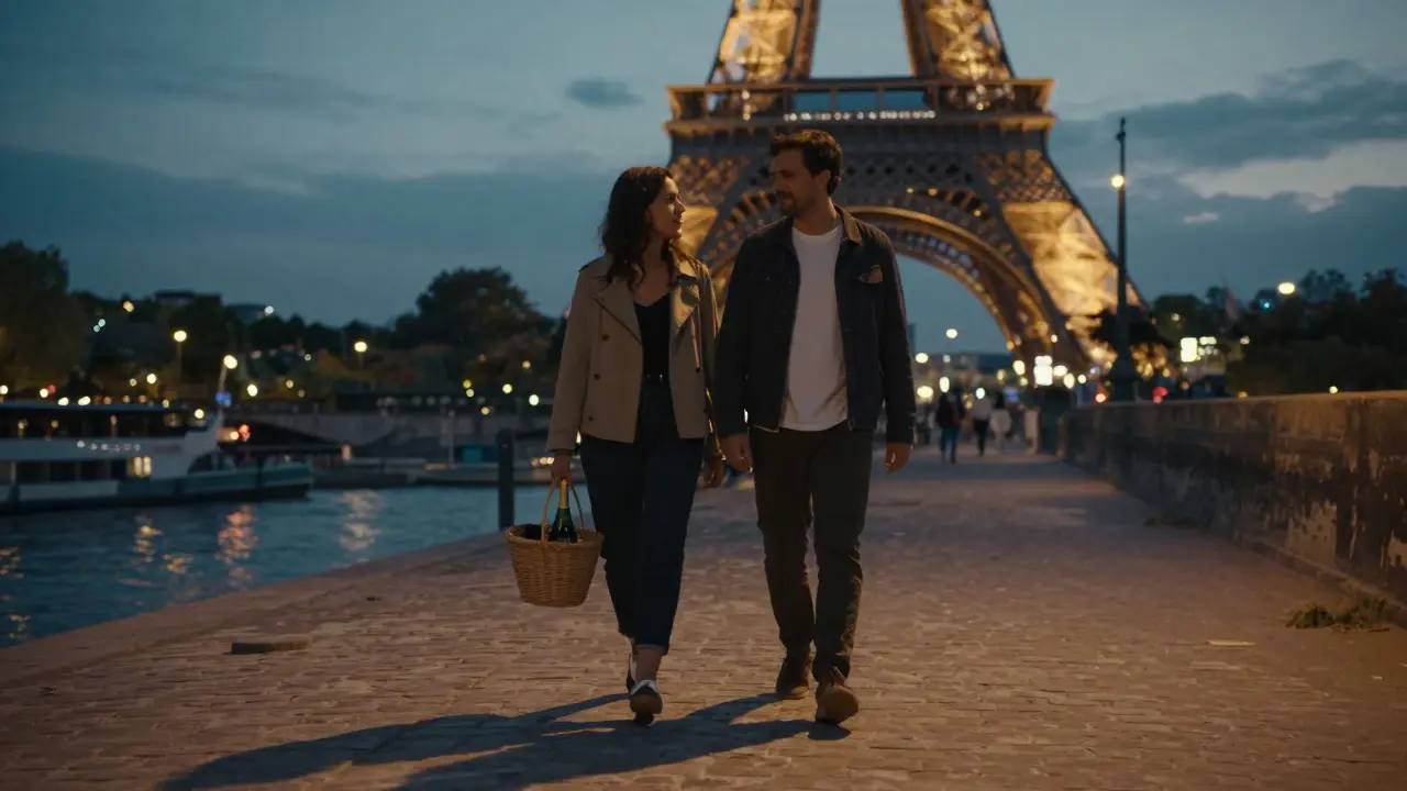 A man and woman stroll along the Seine at dusk, sharing a quiet, intimate moment as the Eiffel Tower sparkles behind them.