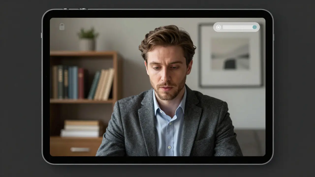 A professional woman on a secure video call with a client, in a refined home setting with visible privacy indicators.