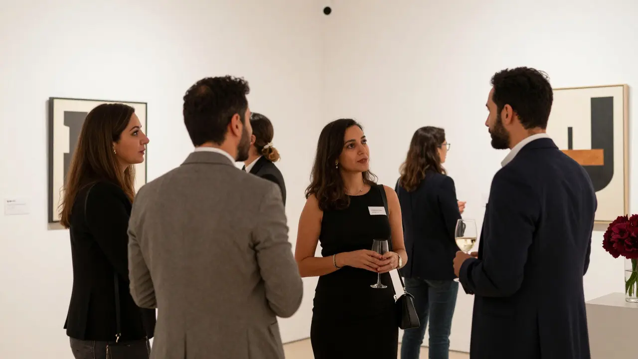 A quiet moment at an art gallery opening in Abu Dhabi, where professionals engage in thoughtful conversation.