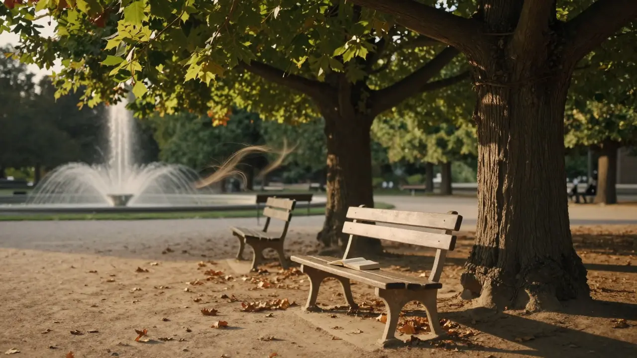 A secluded garden corner with ancient trees and an open book on a bench, no people, only soft golden light and falling leaves.
