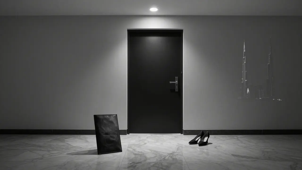 A single black invitation and designer heels lie beside a hidden door in a minimalist Dubai lobby.