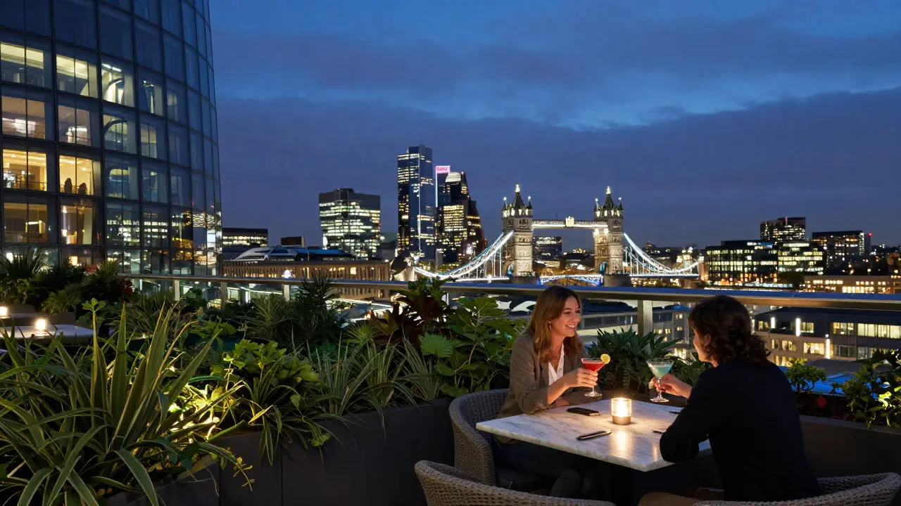 A tranquil rooftop garden with city lights glowing all around at midnight.