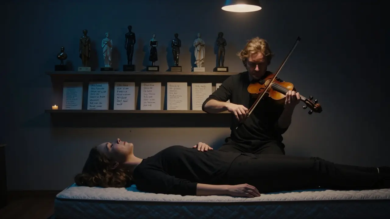 A violinist playing Chopin in darkness as a listener rests peacefully, surrounded by artworks accepted as payment.
