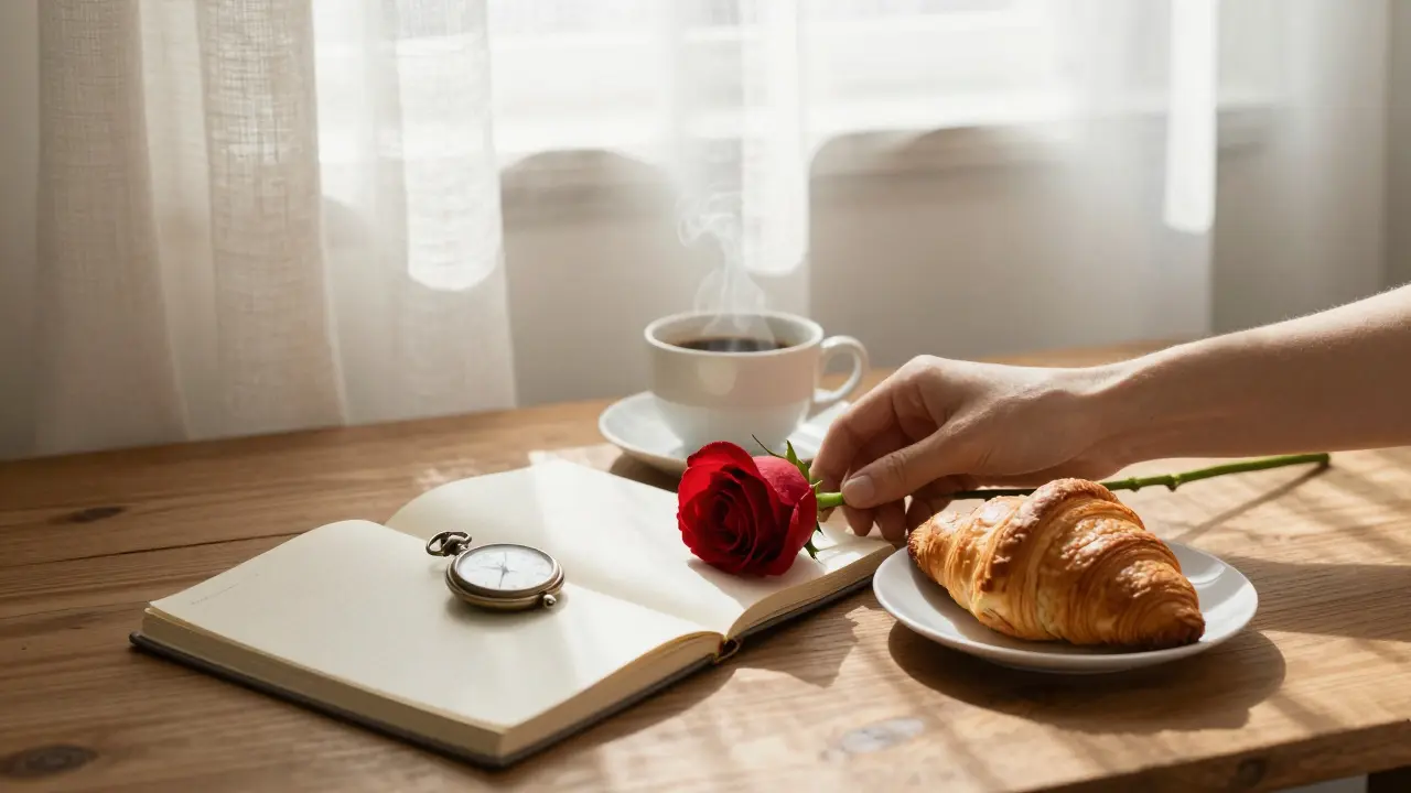 A woman's hands placing a rose beside coffee and a journal in a sunlit Paris apartment.