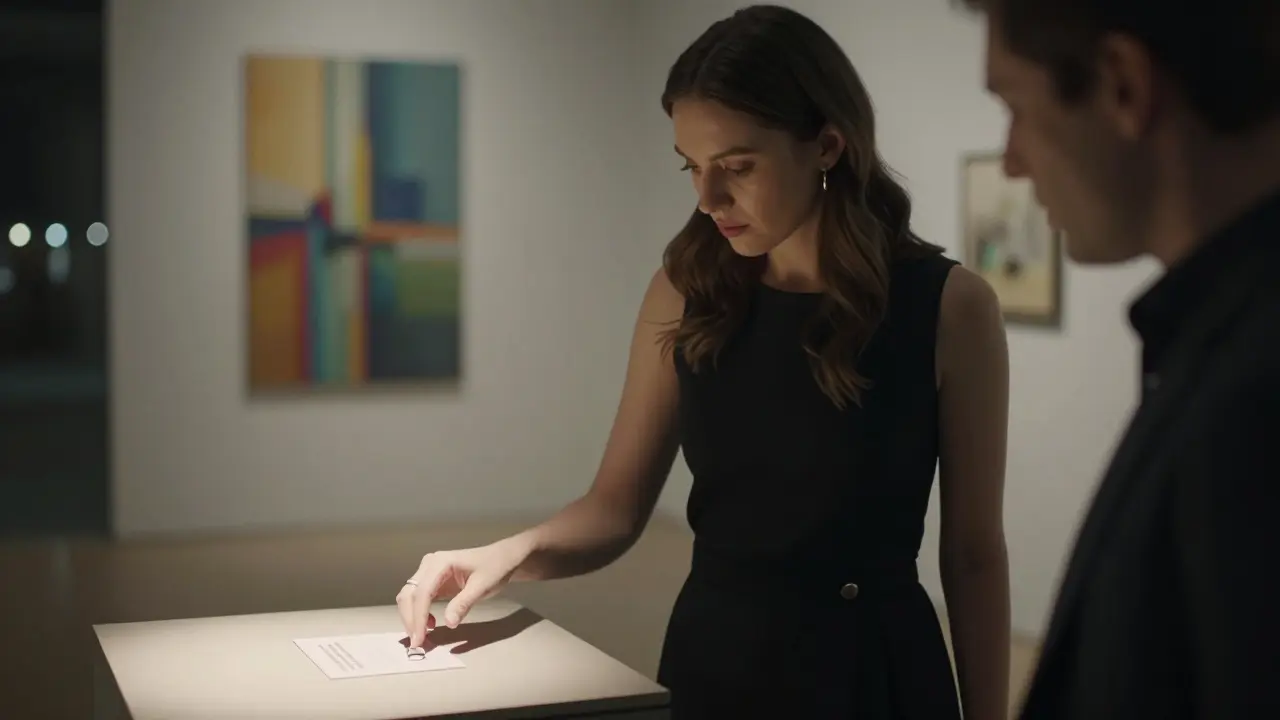 A woman in a minimalist dress subtly notices a man’s loose wedding ring in a quiet art gallery.