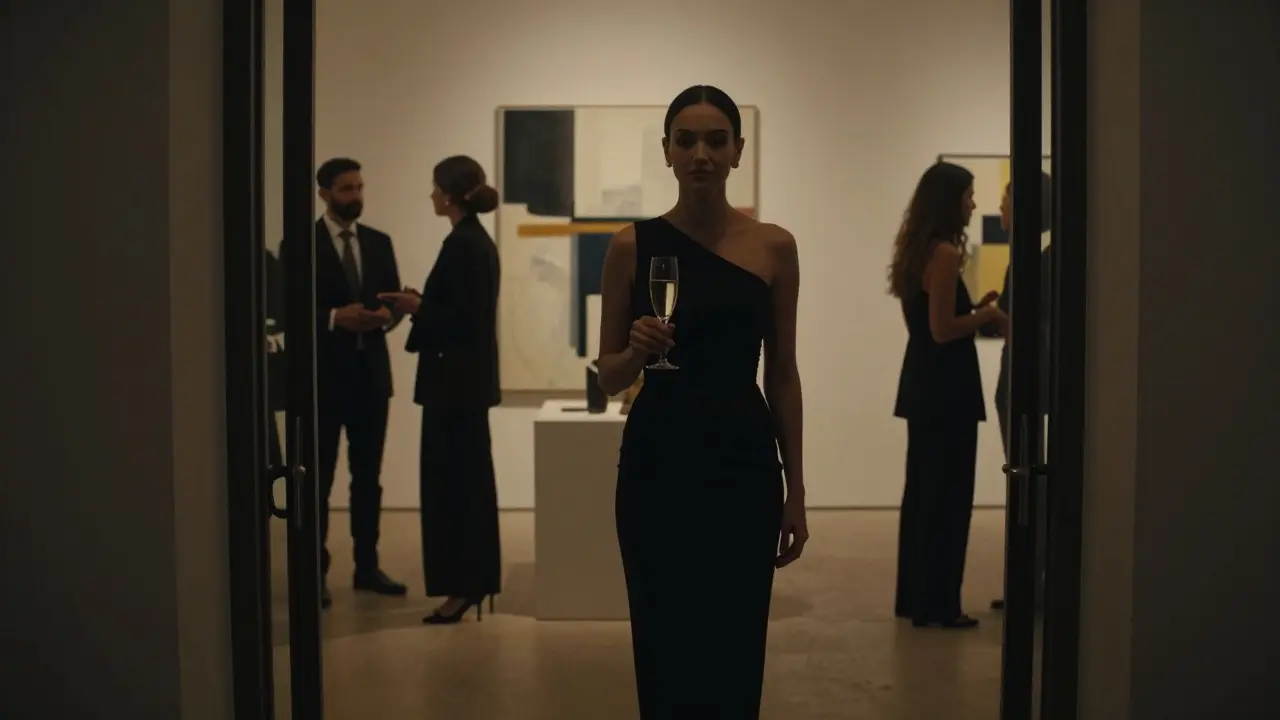A woman in an evening gown at an Abu Dhabi art gallery opening, subtly separate from the crowd.