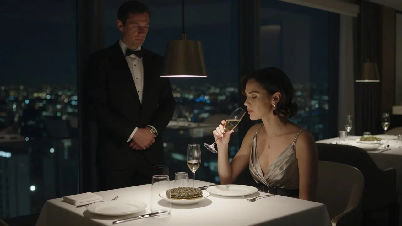 A woman sips champagne beside a caviar platter in a softly lit private dining room, with a butler standing nearby.