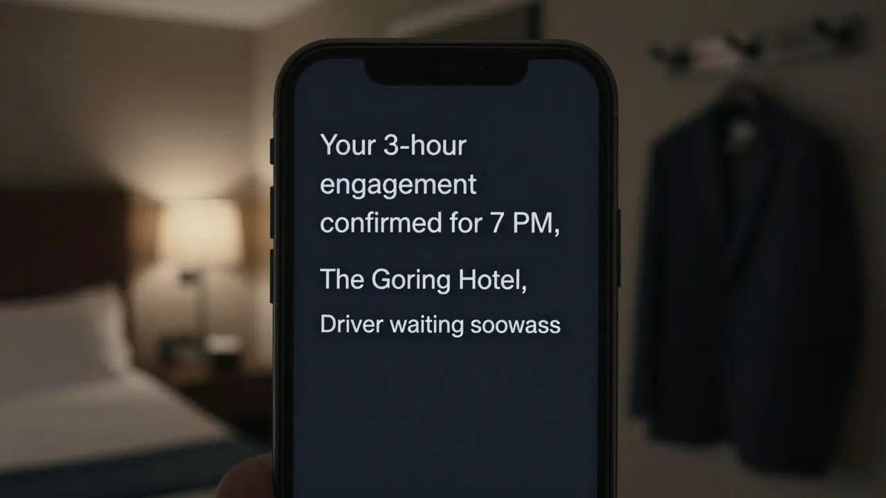 An encrypted message on a burner phone confirming a private London escort booking with no personal details visible.